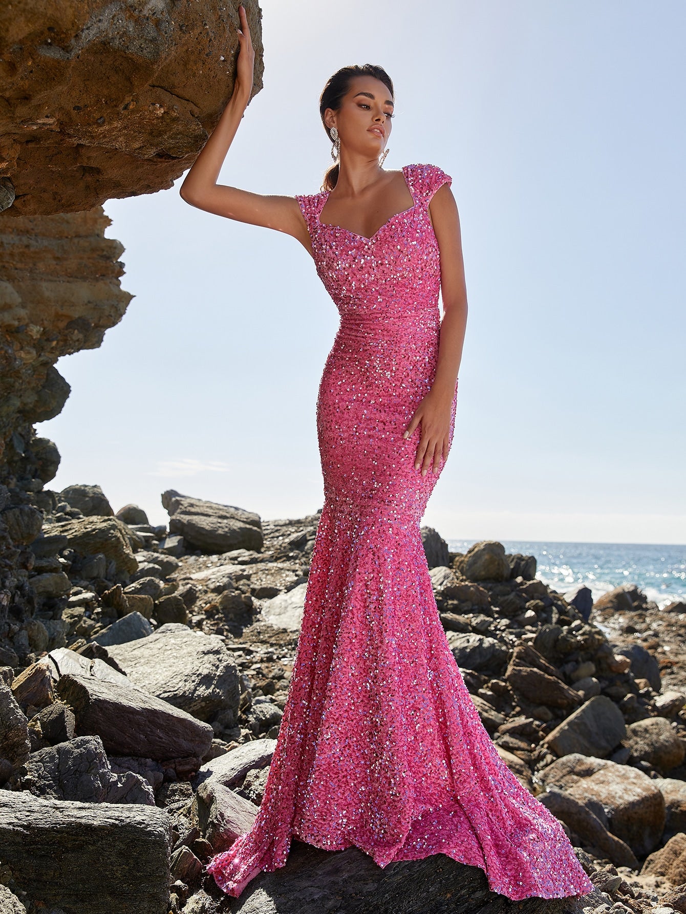Robe de soirée rose paillette pour femme