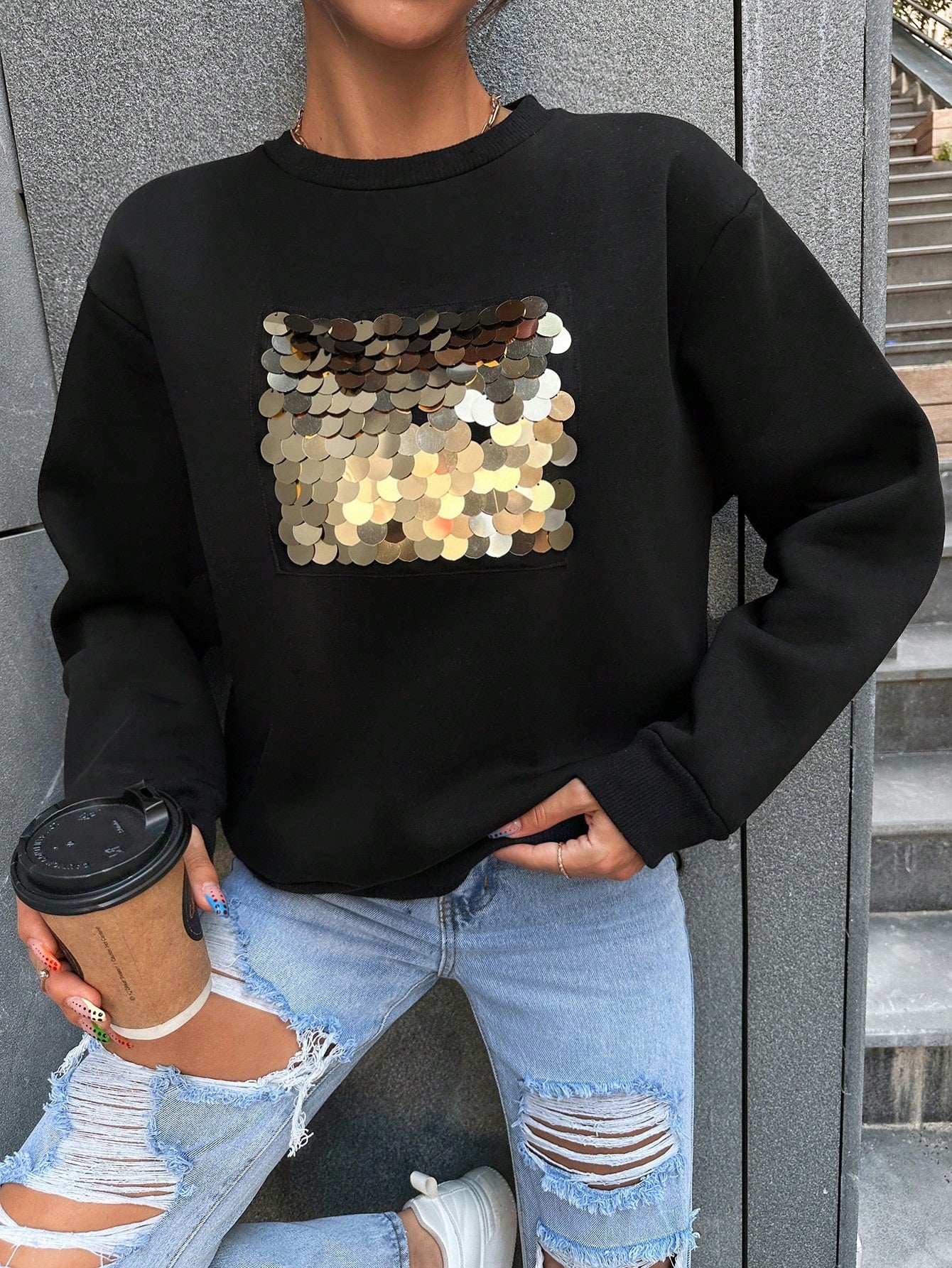 Sweat pailleté noir pour femme