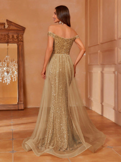Robe de soirée pailletée doré vue de dos