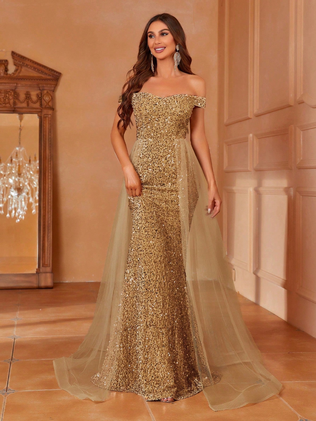 Robe de soirée pailletée doré pour femme