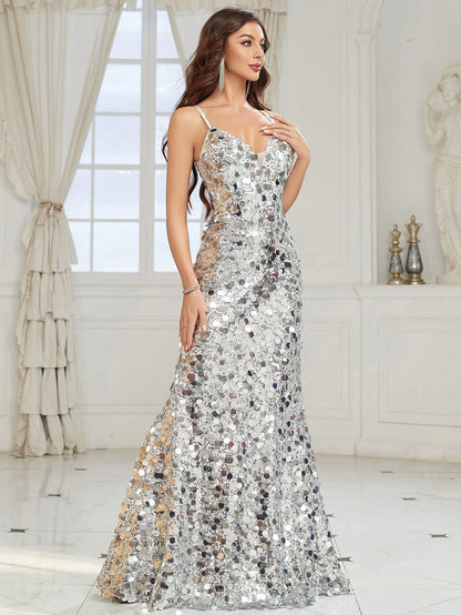 Robe disco paillette longue vue de profil